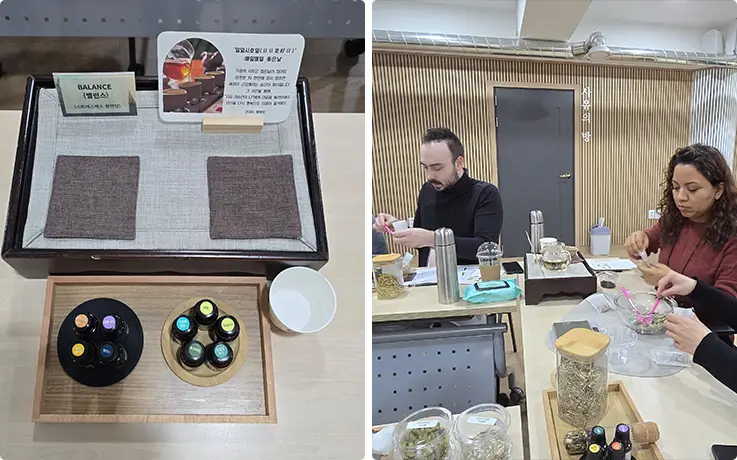 Guests blend custom aromatherapy oils using natural plant essences during the healing session.
