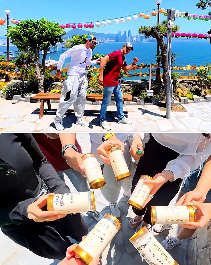Participants dance joyfully with Gwangan Bridge views, then hold personalized Korean wish candles together as a group.
