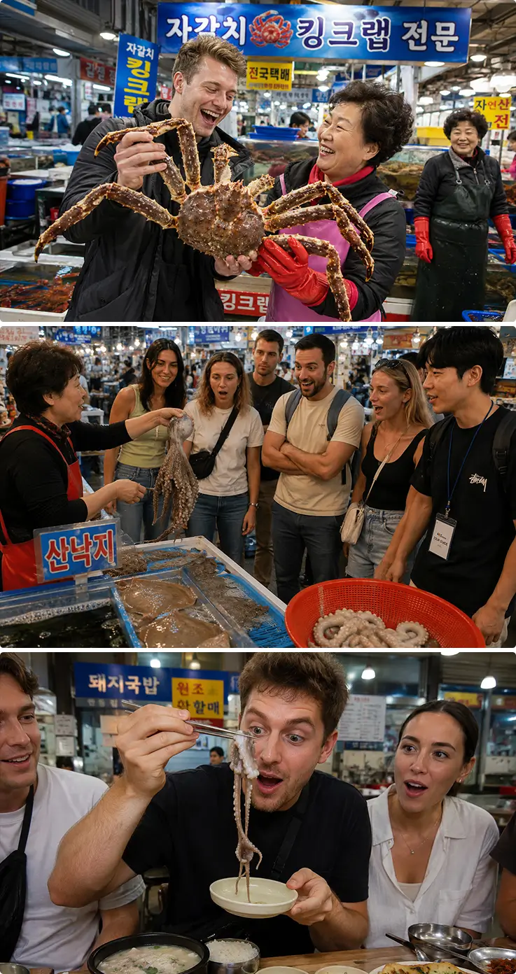 Jagalchi Market tour featuring fresh king crab, live octopus, and seafood tasting.