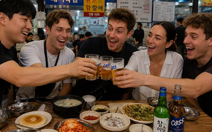 Busan market tour group toasting with cold beer and Korean drinking games.