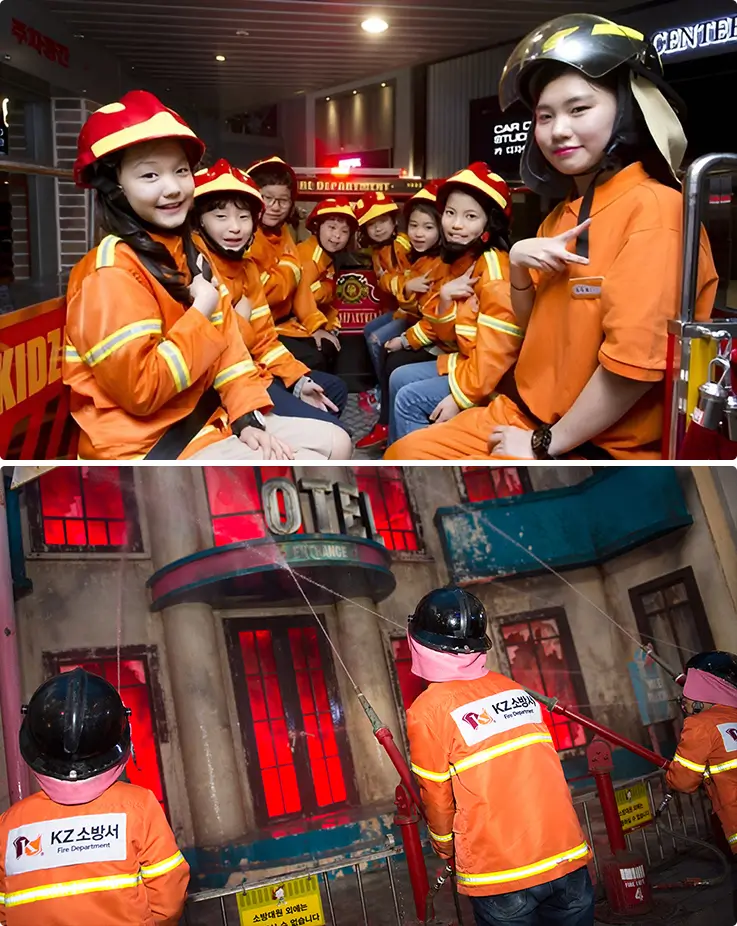 Children enjoying firefighter experience at KidZania Busan