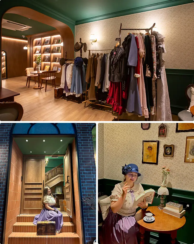 Retro costume racks and vintage-dressed guests capture the charm of self-photo moments.