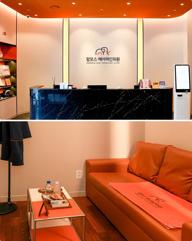 Bright, welcoming reception desk and modern lounge inside Mammoth Hairline Clinic Busan.