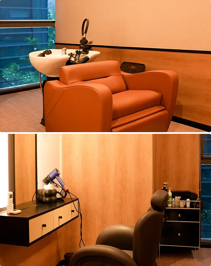Comfortable treatment chair and private styling room for scalp and skin care.