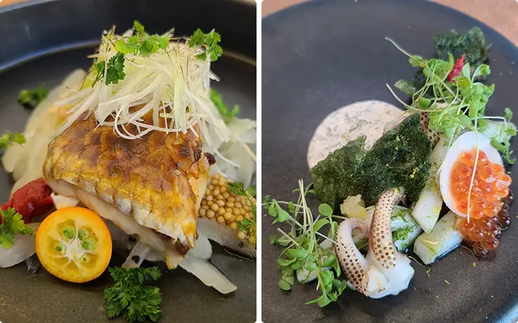 Grilled fish and squid with roe and fresh herbs, part of Meerock Super's course.