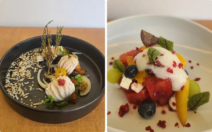 Elegant seasonal omakase plates with creamy seafood, fresh fruit, and delicate garnishes at Meerock Super.