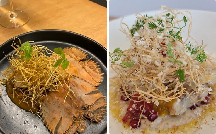 Seasonal omakase dishes topped with crispy golden threads, served with wine at Meerock Super.