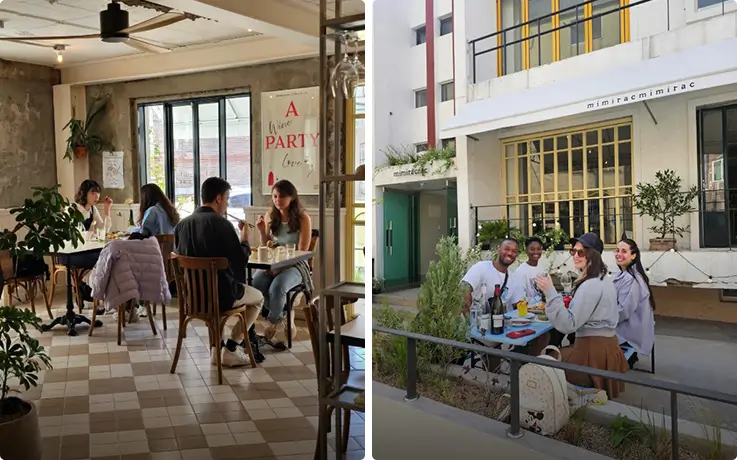 Guests enjoying meals inside and on the outdoor terrace of Mimiracrac in Busan.