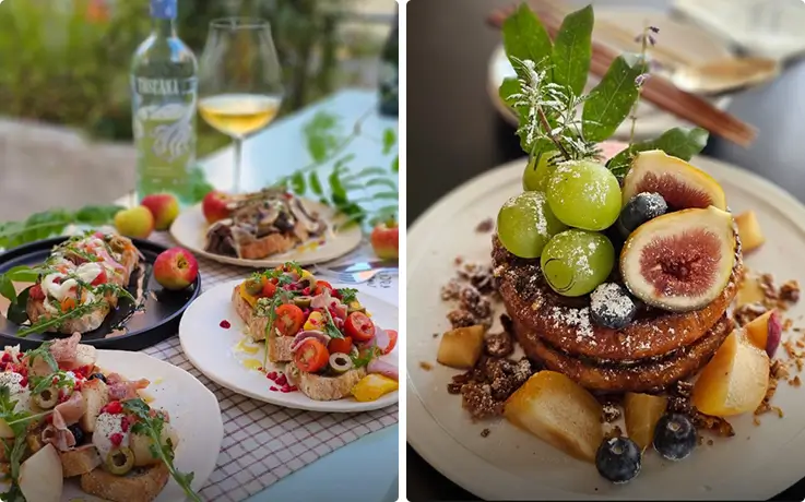 Fresh open-faced tartines and fig-topped French toast paired with white wine at Mimiracrac.