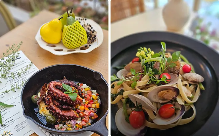 Grilled octopus skillet and clam linguine at Mimiracrac, a Michelin chef's Busan restaurant.