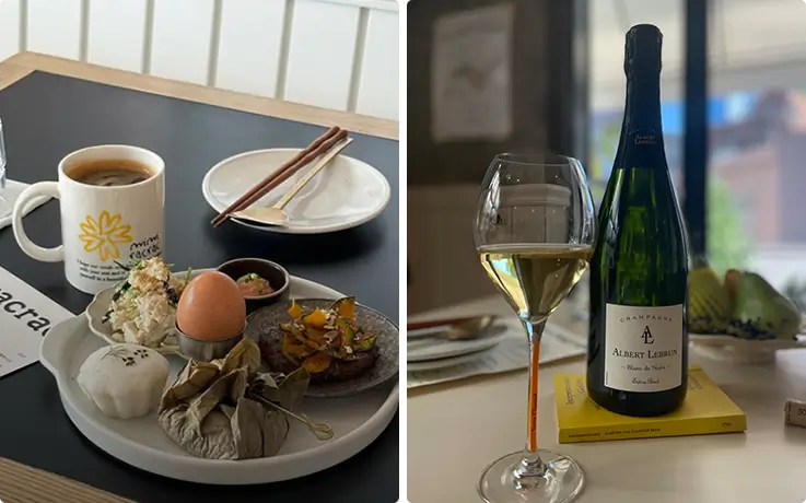 Korean-style brunch plate with coffee and a glass of Albert Lebrun champagne.
