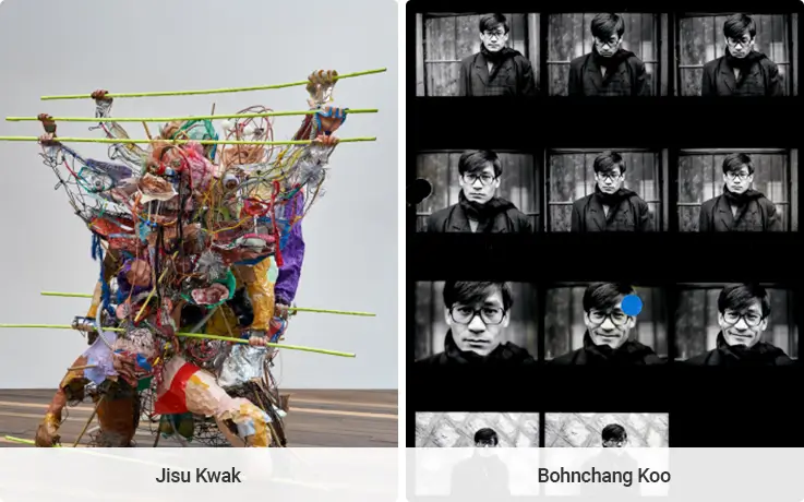 Sculpture of Jisu Kwak and Ahn Sung-Ki portraits of Bohnchang Koo.