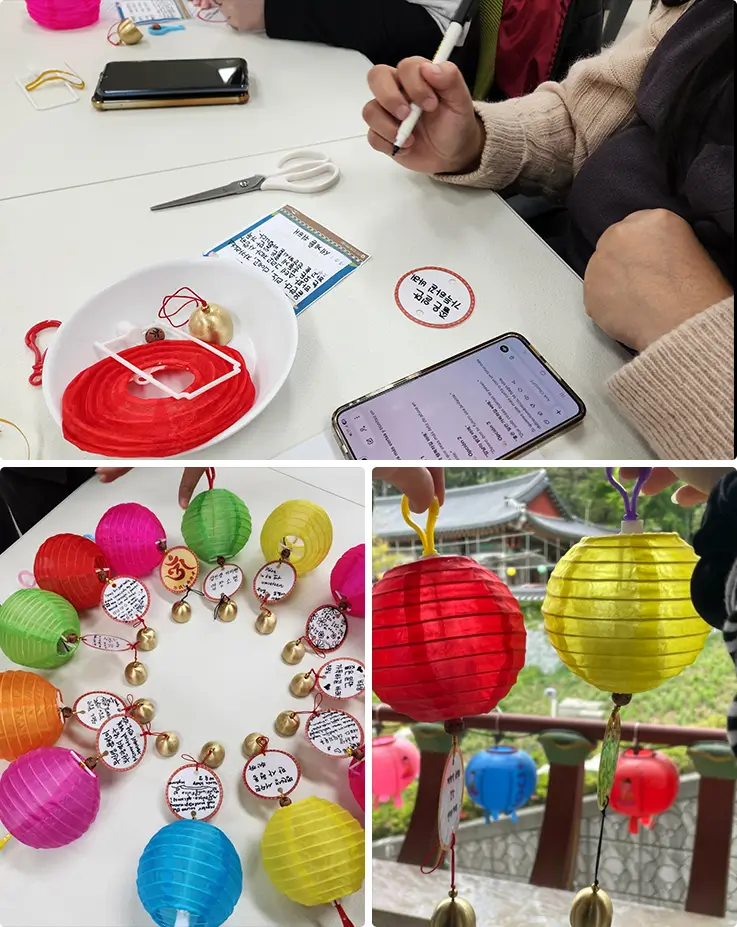 Hands-on lotus lantern making activity with colorful handcrafted lanterns displayed at a Buddhist temple courtyard.