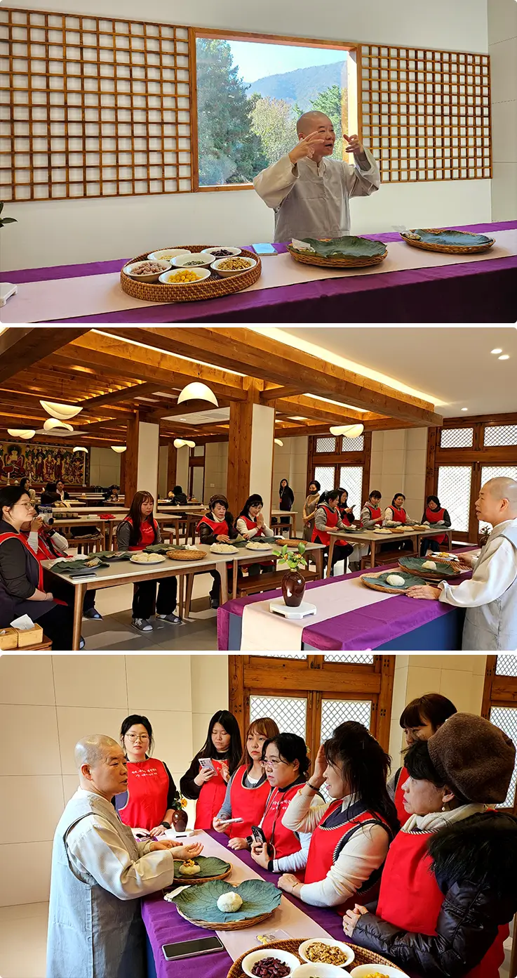 Buddhist monk demonstrating traditional temple food preparation to attentive participants in a serene wooden hall.