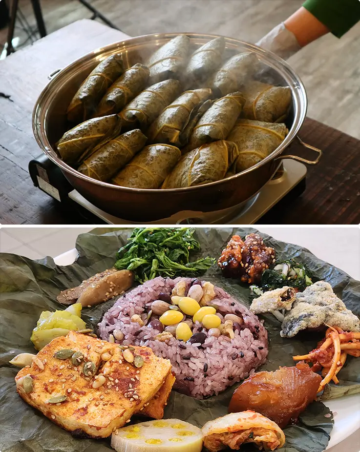 Freshly steamed lotus leaf rice parcels and a vibrant plant-based temple food spread on lotus leaf.
