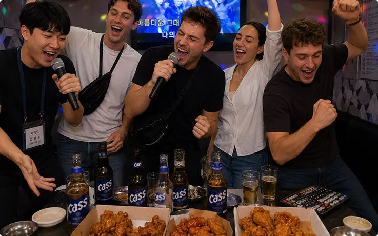 Korean norebang experience with fried chicken, cold beer, and lively group singing.