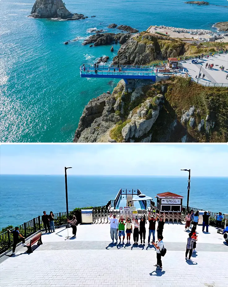 Aerial view of a glass-floored cliffside skywalk extending over turquoise waters, with visitors gathered at the coastal entrance plaza below.