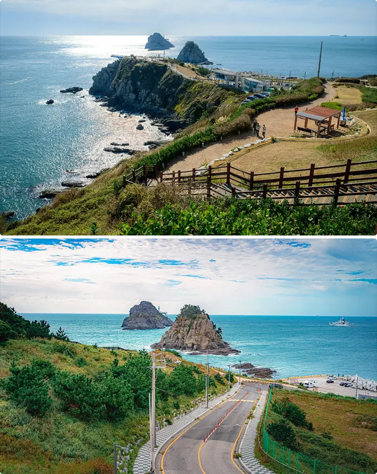 Scenic coastal trail winds past rugged cliffs toward the sea, with a winding road leading down to Oryukdo islets.
