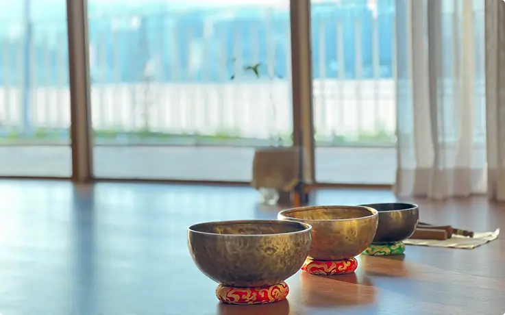 Golden singing bowls set by a bright window for sound meditation.