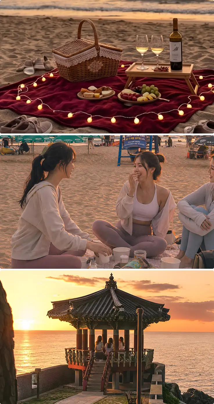 Romantic sunset picnic and beachside conversations with drinks and snacks.