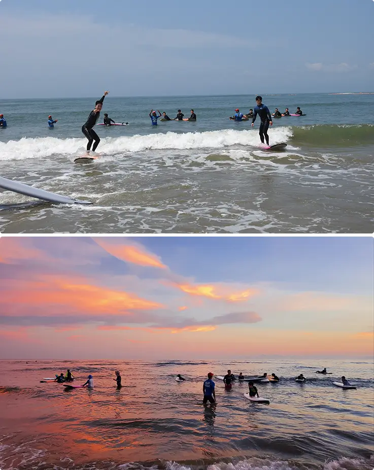 Surfers catching waves at dusk under a vibrant pink and orange sky.