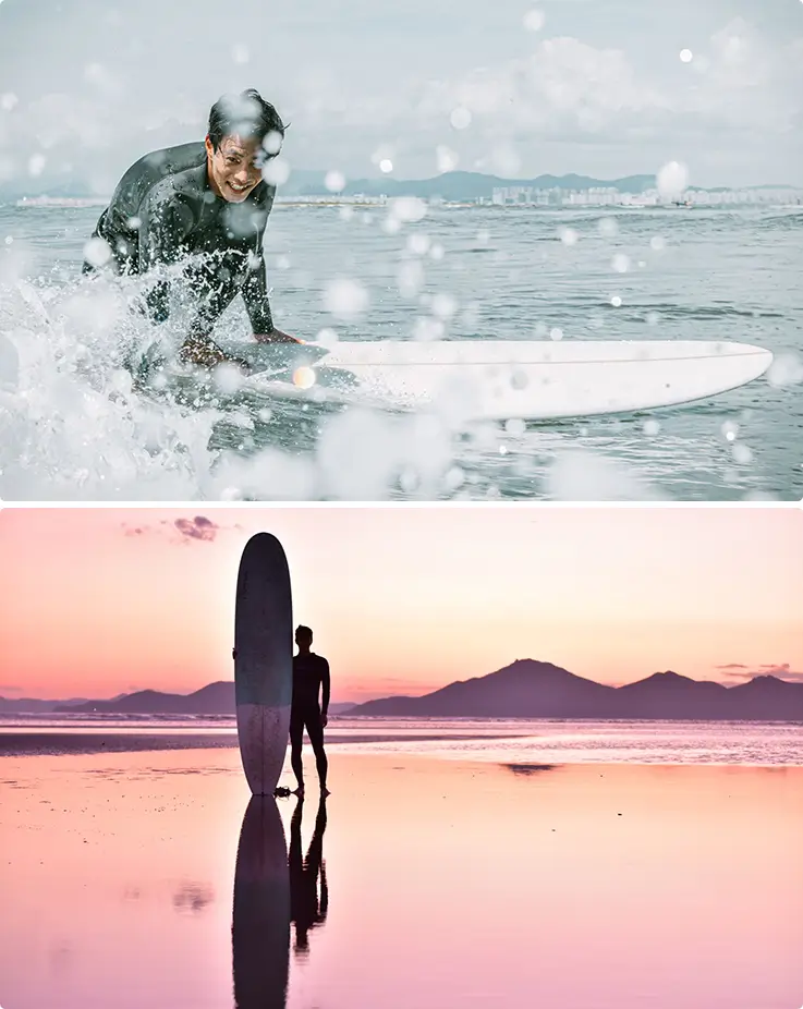Surfer riding a wave and standing beachside with board at golden sunset.