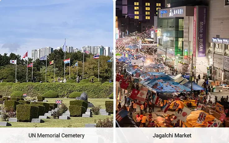 On the left, Flags of 22 nations are hoisted along the UN memorial cemetery. On the right, Jagalchi Market is vibrant with lots of people.