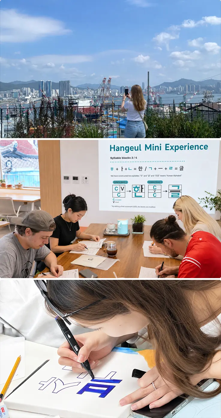 Visitors at Bongsan Village learning how to write basic Korean at a cafe.