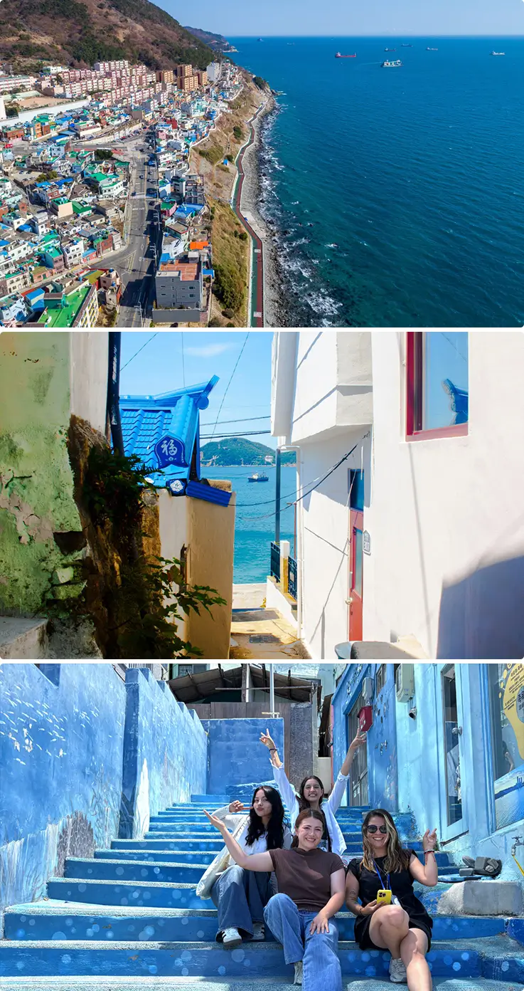 Vibrant blue coastal village offers stunning ocean views and scenic photo-worthy stairways.