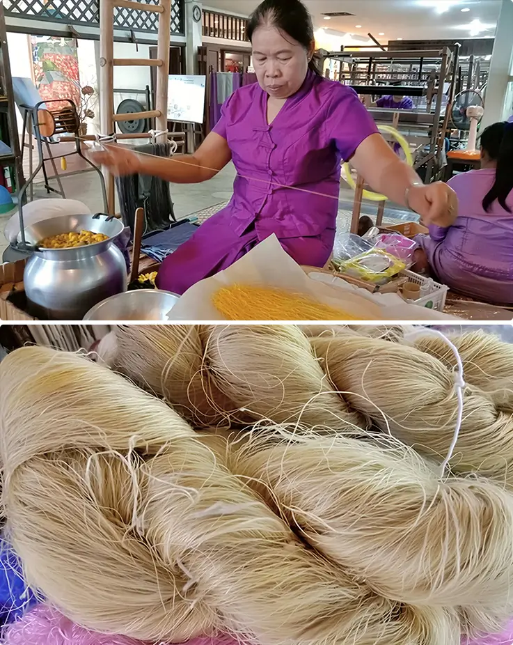 A woman pulling silk threads and finished silk threads at the Thai Silk Village in Chiang Mai