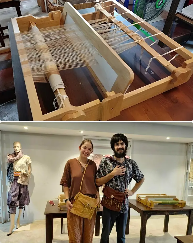 A weaving tool and visitors enjoying the class at the Thai Silk Village in Chiang Mai