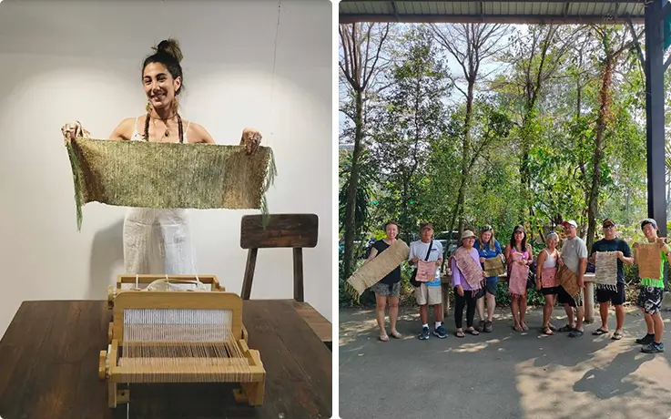 Visitor holding the silk weaving made during the class at the Thai Silk Village in Chiang Mai
