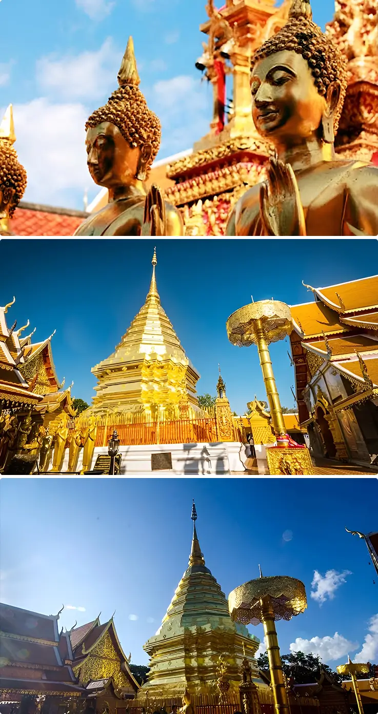 Golden Buddha statue and the beautiful exterior of Wat Phra That Doi Suthep in Chiang Mai