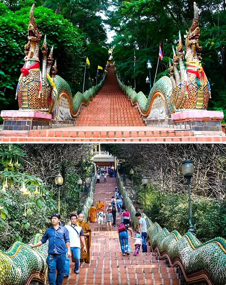 People climbing the Naga-lined staircase at Wat Phra That Doi Suthep in Chiang Mai