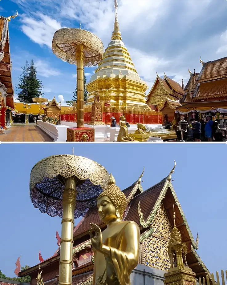 Breathtaking golden temples and statues of Wat Phra That Doi Suthep in Chiang Mai