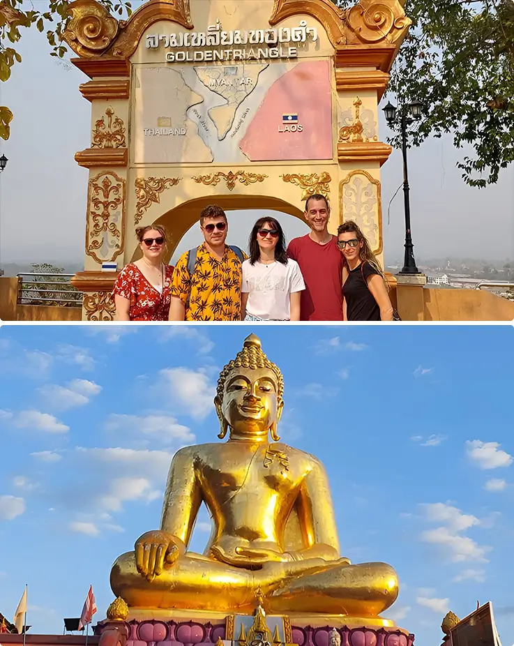 People posing and golden Buddha statue at Golden Triangle in Chaing Rai