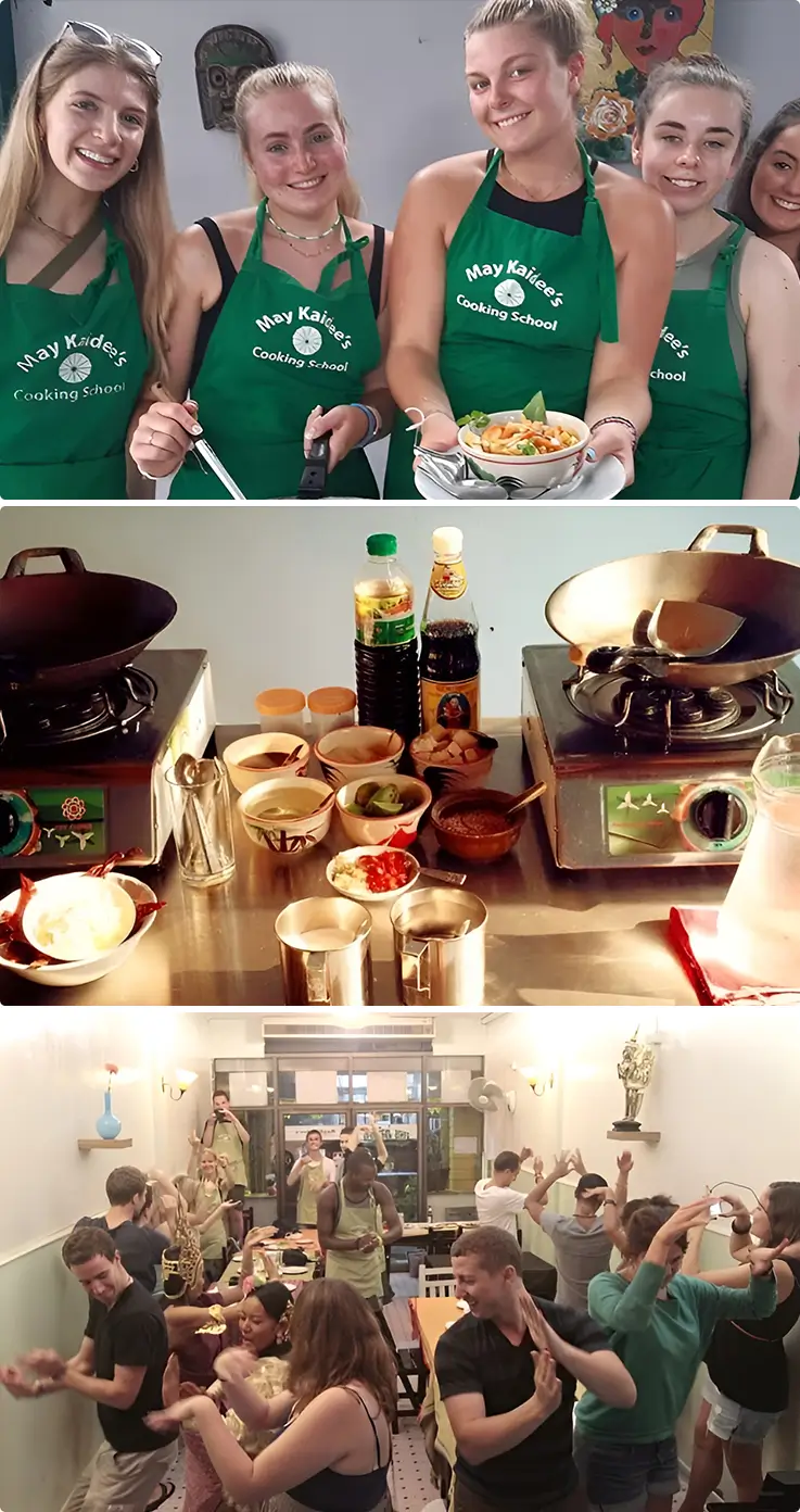 People enjoying cooking class and Thai dance at May Kaidee Cooking School Chiang Mai