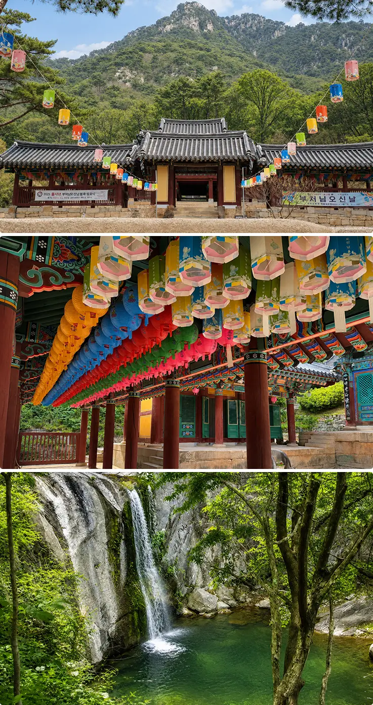 Historic Cheongpyeongsa Temple with colorful lanterns, forest scenery, and nearby waterfall views.