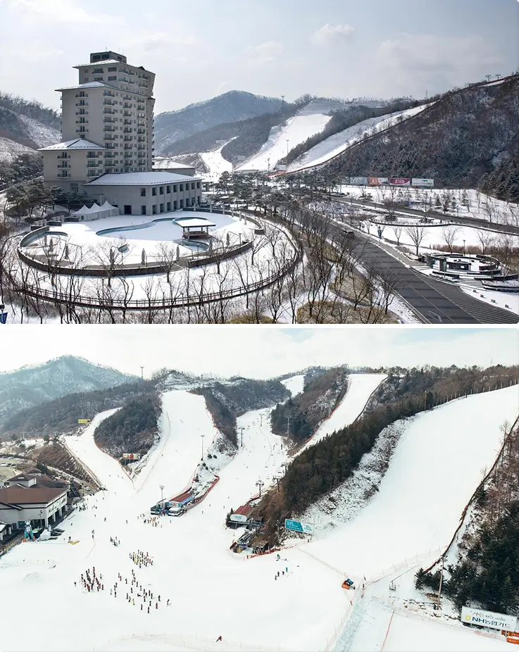 Panoramic view of Elysian Gangchon Ski Resort in Chuncheon and a birds-eye view of the snow slopes