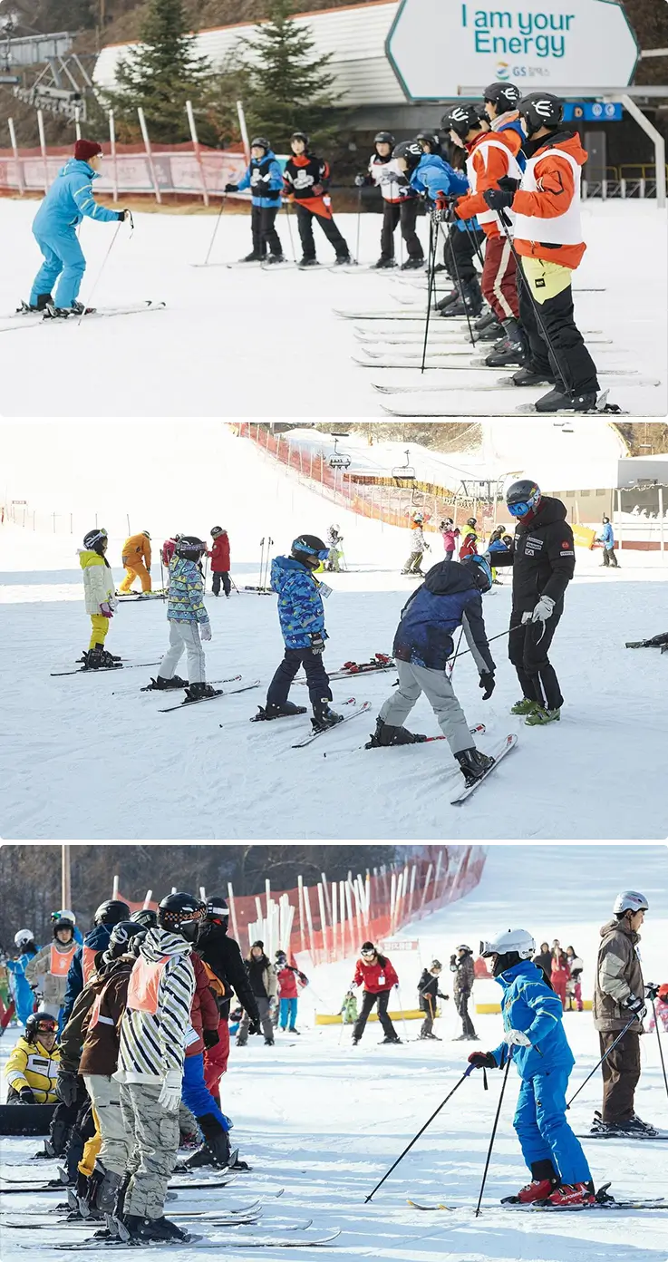 People having a ski lesson at Elysian Gangchon Ski Resort in Chuncheon