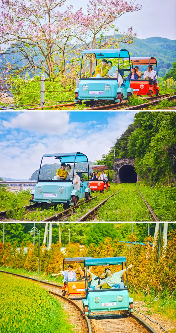 People enjoying scenic seasonal views at Gangchon Rail Park in Chuncheon