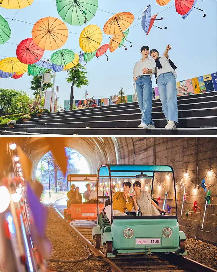 People riding a rail bike at the park in Chuncheon