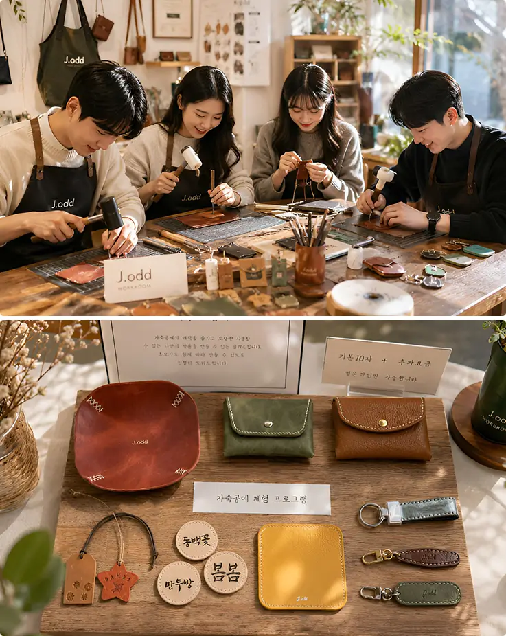 Guests hand-stitch personalized leather goods, guided step-by-step through a cozy artisan workshop studio.