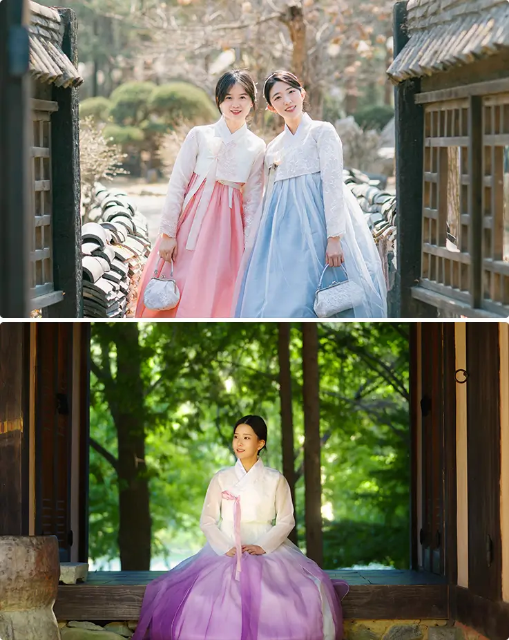 People wearing hanbok at Nami Island in Chuncheon