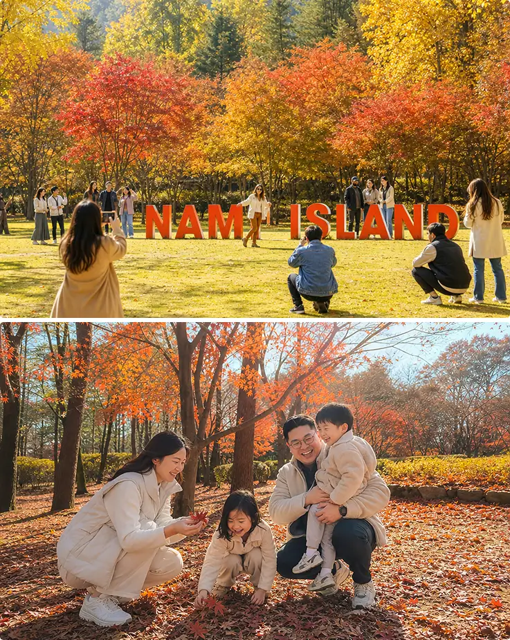 Nami Island sign in autumn foliage and family picking maple leaves.