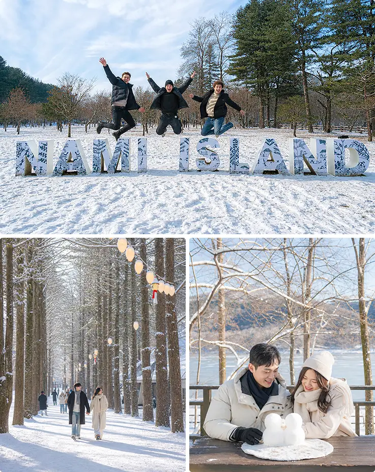 Travelers jumping at Nami Island sign, snowy tree lane and snowman.