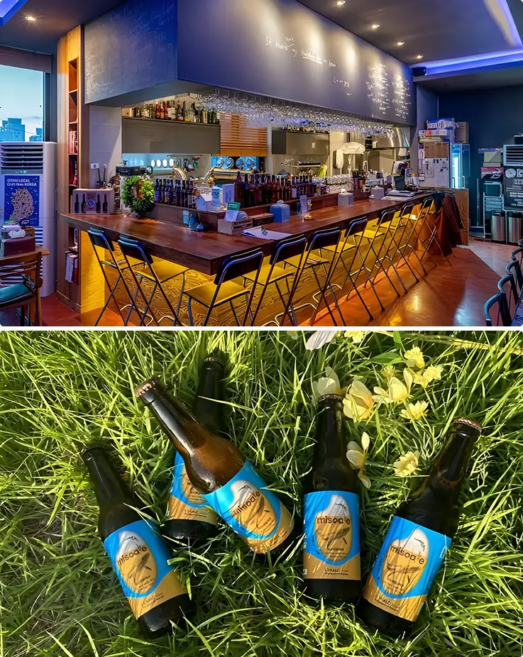 Cozy craft brewery bar serves locally brewed beer bottles.