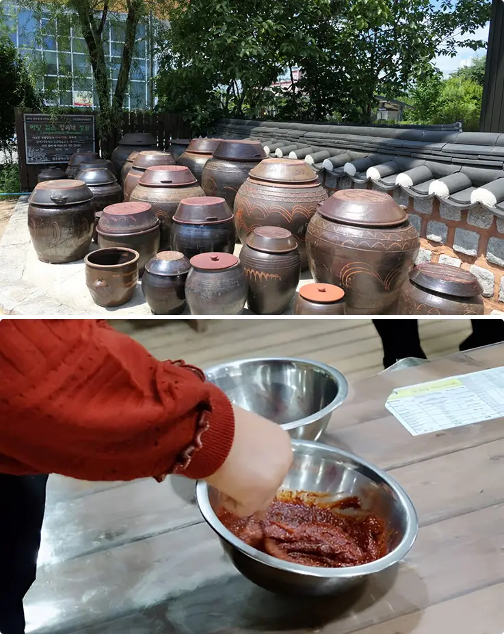 Traditional clay pots and hands-on gochujang paste-making showcase Korean fermented food culture.