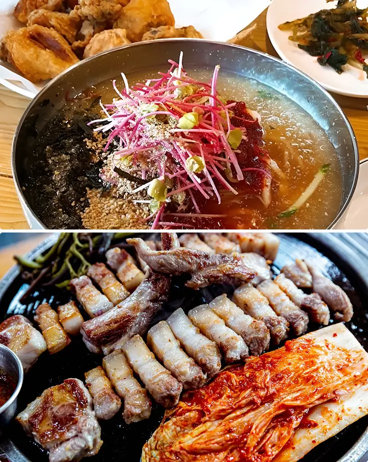 Savor cold buckwheat noodles, crispy chicken, and Korean BBQ with kimchi.