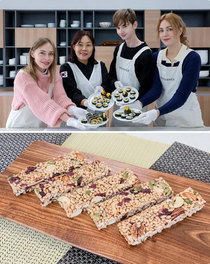 Guests proudly display finished gimbap rolls and traditional Korean brown rice nut gangjeong.